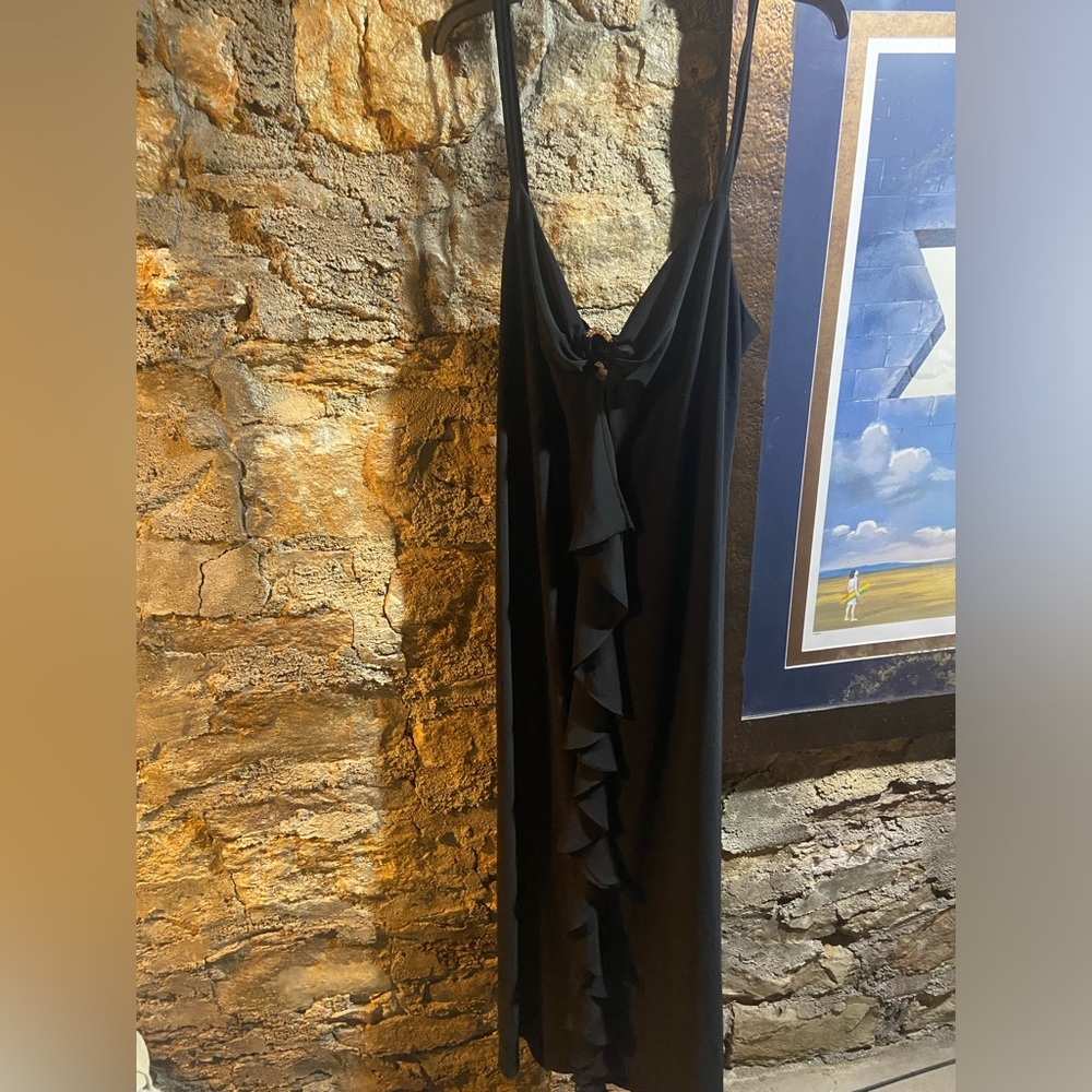 Floor Length Black Gown with midseam Ruffle